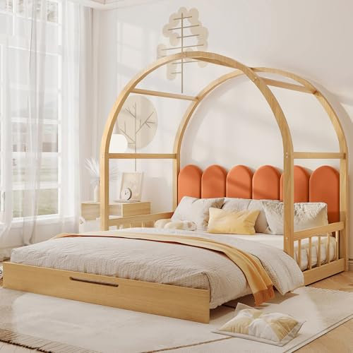 buiesjole Erweiterbares Dachbett 140x200 cm, Schiebebett, Tagesbett mit Samtkissen, Kiefernholz, Natur und Orange
