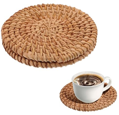 Oruola 2pcs Woven Rattan Placemats,10cm Diameter Handmade Woven Coasters,Natural Rattan Placemats for Drinks,Tea Cups,Decorative Jute Placemats for Kitchen Table