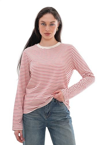 Long Sleeve Tops Women - Round Neck 100% Cotton T Shirts Ladies Long Sleeve Tops, Colorful Long Sleeve T Shirts for Women, Ladies Tops, Tops for Women UK Red