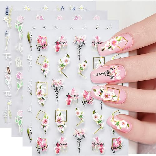 4 Blätter 3D Nagelsticker, Frühling Blumen Nagelsticker Selbstklebend 3D, Nagel Stickers, Nail Art Sticker Selbstklebend, Nagelsticker Blumen, Geprägt Nagelsticker für DIY Nagel Dekoration (B)