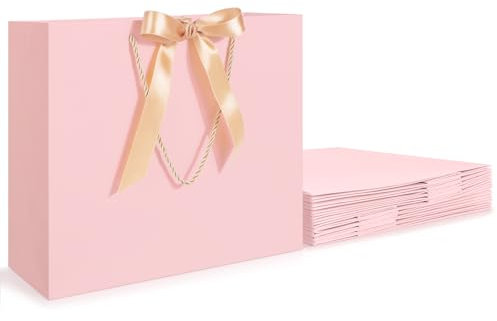 EUSOAR Sacs en papier Rose - 10 pièces Sacs Cadeau avec Ruban - 32x11.5x28cm L 230GSM Emballages Cadeaux Mariage - Gift Bag Kraft avec Poignée Roses pour Banquet