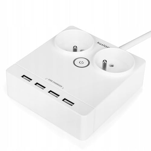 Huslog Regleta Plana 5 en 1 con 2 Tomas Schuko y 4 USB, 230V/10A, Cable de 1,5 m, Interruptor con LED, Conexión a Tierra, Compacta y Antideslizante para Oficina y Hogar, Blanco