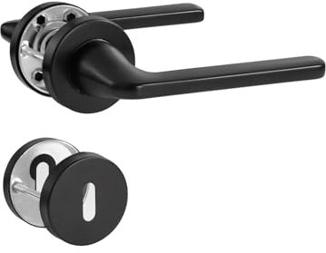 SORWDUERM Poignée de Porte Noire, Garniture de Prothèse en Acier Inoxydable Brossé Mat, Poignée pour d'Entrée et Porte Intérieure, Forme en L, Rosace Ronde, BB-Poignée à Bille