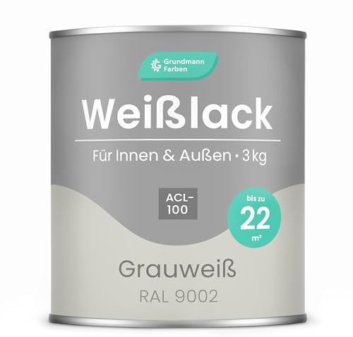 Grundmann Weisslack - 3 Kg - RAL 9002 Grauweiss - Seidenmatt - 4in1 Grundierung & Decklack - Premium Weißlack - Hohe Beständigkeit & Deckkraft - Holz, Metall, Kunststoff