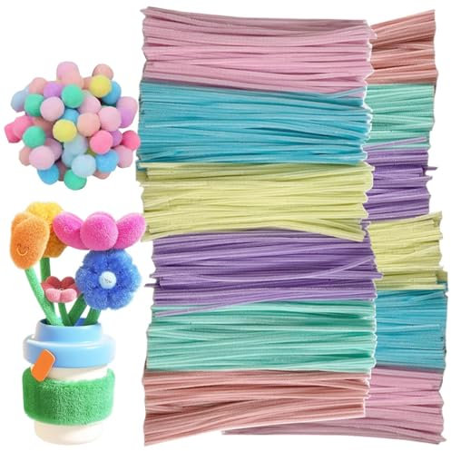 Láminas de tubos de colores para manualidades, limpiadores de tubos de colores, 200X varillas de alambre borrosas con 20x bolas de pelo, Twisting Stick Proyectos escolares creativos para la decoración