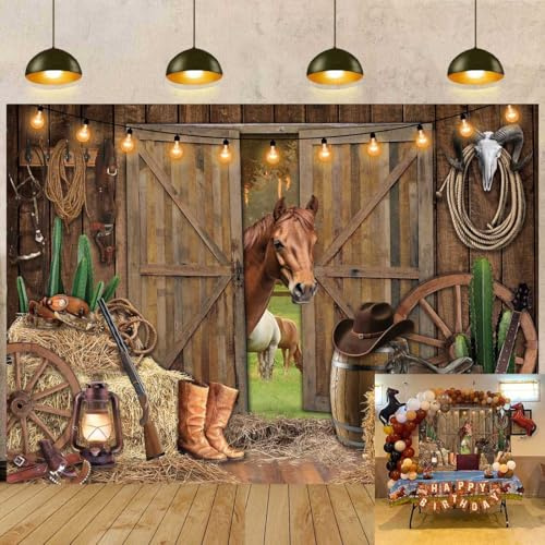 Toile de fond de cowboy occidental pour photographie - 2,1 x 1,5 m - Rodéo de campagne - Fond de grange sur le thème occidental - Décorations de fête d'anniversaire - Accessoires photo