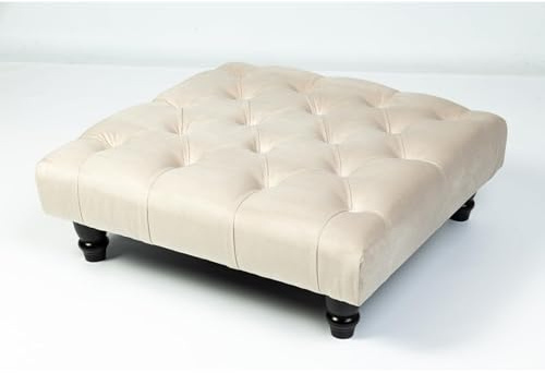 Kiswa collection Chesterfield Footstool - Plush Velvet Upholstered Pouffe with Wood Legs, Elegant Coffee Table Footrest, Matching Buttons, Stylish Home Decor (cream, 25D x 60W x 60H cm)