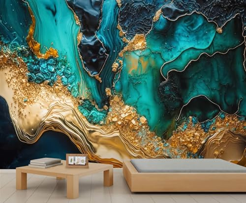 YEMYOR Marble Mural Wallpaper Green Marble Wall Mural Luxury Gold Marbles Murals Abstract Fluid Art Sofa TV Background Wallpaper for Living Room Bedroom-350x256cm