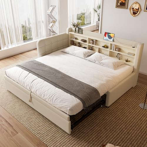 Daybett, 90x200, Tagesbett, Schlafsofa, multifunktionales Ausziehbett-Design, mit Rollbett, USB + Typ C, mehrere Ablageflächen, Bett mit Lattenrost (ohne Matratze), Leinen (Beige mit Rollbett)