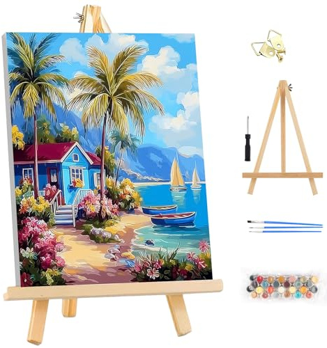 MEIYUDA Peinture par Numero Adulte avec Cadre, Paysage Plage DIY Peinture à l'huile par Numéros sur Toile Artisanat avec Pinceaux, Decoration Maison Cadeau 25x35cm