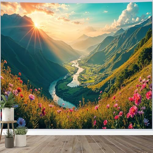 Calefee Wandteppich Wald Berge 240x220, Wandteppich Landschaft Fluss Blumen Sonnenuntergang, Wandbehang Natur Wohnzimmer