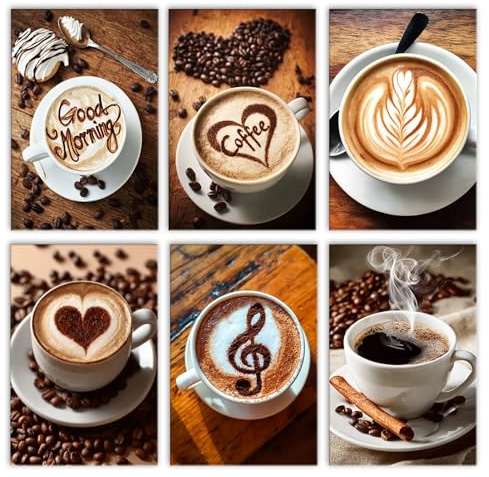 Walarky Kaffee Zeichnen Malen nach Zahlen Erwachsene 6er Set Latte Art Digital Ölgemälde Rahmenlos