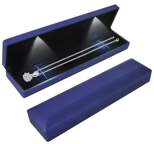 Halskette Box mit LED Licht, Anhänger Armband Kette Box, Lange Halskette Geschenkboxen, Samt Schmuck Geschenkbox mit LED-Innenbeleuchtung, für Verlobung Heiratsantrag Hochzeit, 23*5.5*3.5cm, Blau
