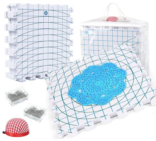 Spannmatten Stricken, Blocking Matte mit 200 T-Nadeln | 9 Extra Dicke Blocking Mats mit Raster, Strickblocker für Granny Squares, Schals, Decken, Häkeln und Lace Projekte