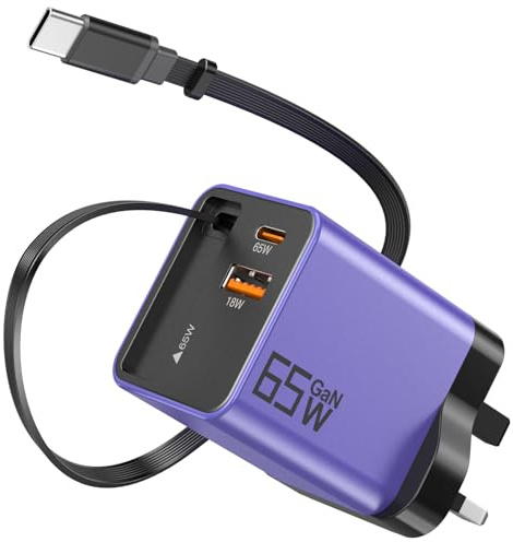 65W GaN USB C Charger 3-Port with Retractable 0.7m Cable(Purple) | Fast charging plug compatible with MacBook Pro/Air, iPhone 17/16/15, iPad, Galaxy S25/S24, Steam Deck and more devices
