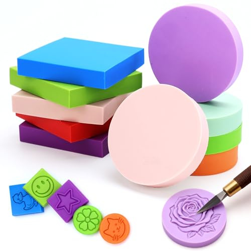 HZOUHONG 10 Stück Stempelgummi, Gummistempel Schnitzblöcke, Gemischte Farben Quadratische und Runde Gummischnitzblöcke, 5x5x1 CM Stempelgummi Linolschnitt, für Stempel Selber Machen