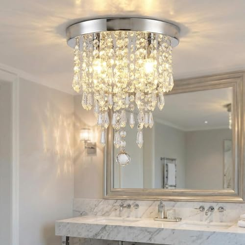 Oyajia Kristall Kronleuchter Flush Mount Decken Kronleuchter Modern Deckenlampe Deckenleuchte Klein für Flur Küche Schlafzimmer, 9.84 * 9.84 * 2.75 In