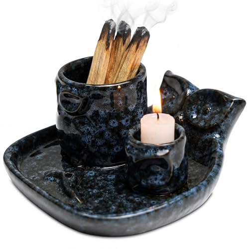 ZONSUSE Multifunktionale Eule Palo Santo Halter, 4 in 1 Keramik Räuchergefäß, mit Stabkerzenhalter und Ascheauffang, für Salbei, Kerze, Räucherkegel und Sticks, Deko & Meditation Geschenk (Blau-Eule)