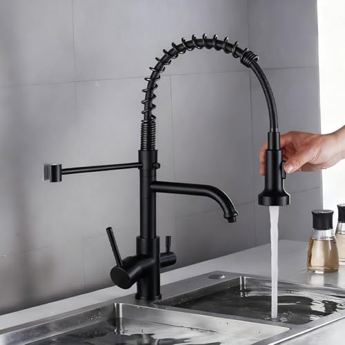 Rubinetto Cucina 3 Vie per Sistemi Osmosi, Miscelatore Cucina Tre Vie Rotazione Rubinetto 3 Vie per Depuratore Ottone Acqua Fredda e Calda Acqua Pura-Nero