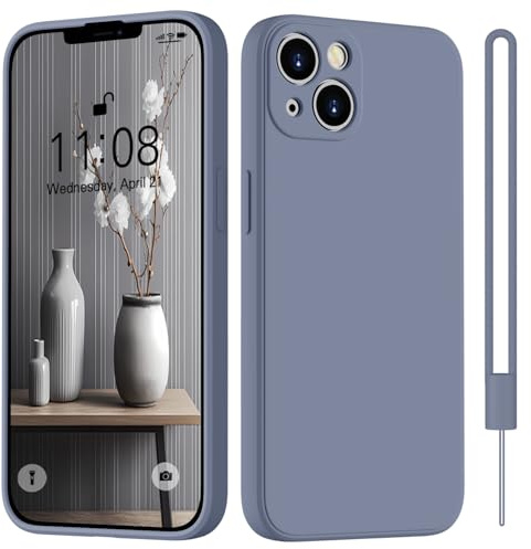 HGH für iPhone 13 Hülle Silikon mit Lanyard, Ultra Dünne Rundumschutz mit Weichem Microfiber-Innenfutter Kratzfest Handyhülle für iPhone 13 6.1 -Blau Grau