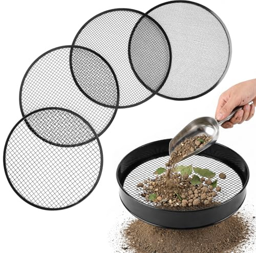 UNIFAMILY Setaccio da giardino in metallo, 30,5 cm, setaccio da giardino per terreno e pietre, setaccio per terreno con 4 filtri intercambiabili, dimensioni maglia 3,6,9,12 mm e pala per giardinaggio