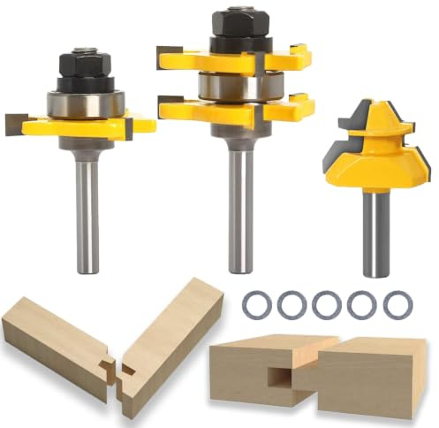 JDHUIOO 3Pcs 1/4 Shank Router Bit Set | 2Pcs Tongue and Groove Cutters + 1Pcs 45° Lock Miter Bit, Wood Milling Cutter Set 3 Teeth T Shape
