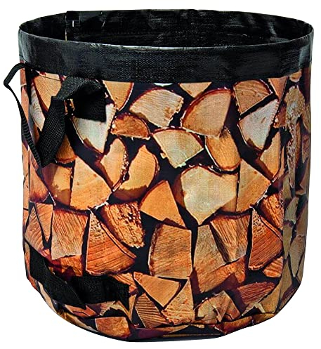 NOOR Kaminholz-Tasche 60L Ø 45 x 40 cm, bis zu 40 kg Tragkraft I Kaminholz-Korb aus reißfestem & stark belastbarem PP/PE-Gewebe I Feuerholz-Korb im schönem Holz-Design I Brennholz-Korb extra robust