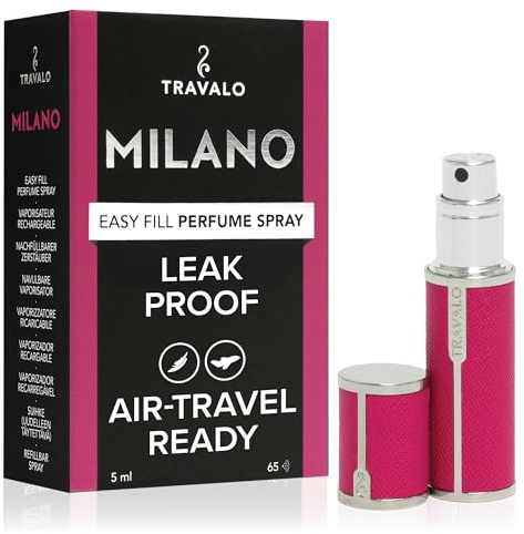 Travalo Milano Perfume Atomizer - Leak-Proof and TSA Approved for Air Travel - Reusable, Airtight, Easy Fill Mini Pump Sprayer - Lightweight Vegan Leather with Polished Metal Outer Shell - Hot Pink
