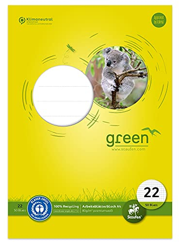 Staufen Green Arbeitsblätterblock - DIN A4, Lineatur 22 (5mm kariert), 50 Blatt, 4-fach Lochung, premiumweißes 80g/m² Recyclingpapier, 1 Stück