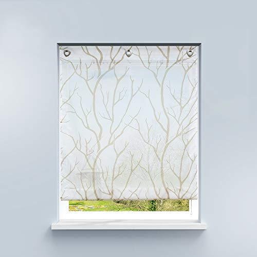 HongYa Raffrollo ohne Bohren Transparente Raffgardine Voile Ösenrollo Küche Kleinfenster Gardine mit Hakenösen Äste Muster H/B 140/120 cm Weiß Sand