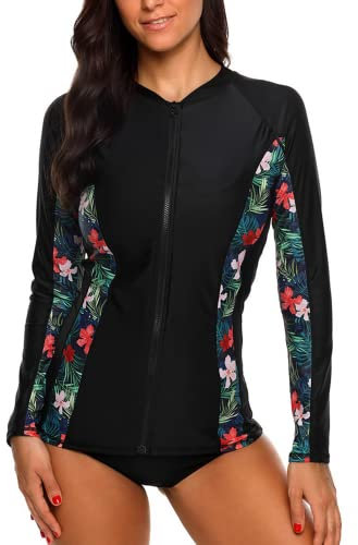 Charmo Ladies Front Zip Rash Guard UV Protection Rash Vest Floral Printed Swim Shirt Black Floral L