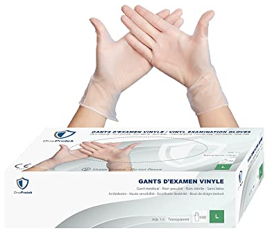100 Guantes vinilo transparente OneProtek - Guantes de examen desechables sin polvo ni látex - Cómodo y resistente - Talla L