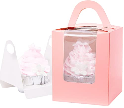 Gbateri 60 PCS Single Cupcake Boxes Cupcake Carrier with Handle and Window, Pink Individual Cupcake Box Pastry Muffins Containers Treat Gift Boxes Mini Cavity Cake Boxes for Cookies, Party Favors