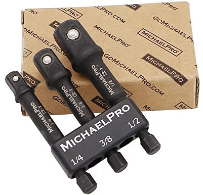 MichaelPro 3 Impact Grade Socket Adapter Set, 3-Piece Extension Bit with Holder (1/4, 3/8, 1/2 Drive), CR-V Steel, 1/4'' Hex Shank Converts Impact Drill to High Speed Socket Driver - MP005020