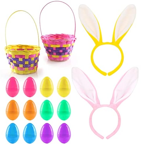 Easter Egg Hunt Pack - 16-Piece Party Pack - 1x Pair of Pink Rabbit Ears + 1x Pair of Yellow Rabbit Ears + 1x Small Pink Egg Basket + 1x Small Yellow Egg Basket + 12x Assorted Easter Egg Capsules