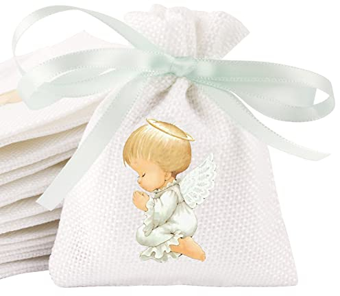 BETESSIN 24pcs Sachets Jute Angel avec Ruban Contenant Dragées Pochette 8x10cm Sac Bonbon Cadeaux Invités Baptême Communion Confirmation (Garçon)