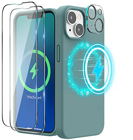 SURPHY Magnetic Silicone Case Designed for iPhone 14 Case, with 2 Pack Screen Protector + 1 Pack Camera Lens Protector, Liquid Silicone Compatible with MagSafe for iPhone 14 6.1 inch, Cactus Green