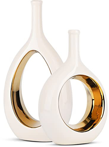 LCCCK 30 cm Hoch Vase Weiße Gold Satz Von 2, Modern Keramik Vasen Klein Tischdeko Weiße und goldene Vase aus Keramik, weiße Vasen, Heimdekoration, moderner minimalistischer Kreis mit Loch