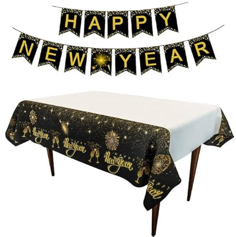 Losuya 2024 Neujahr Tischdecke und Happy New Year Banner Schwarz Gold Tischdecke 2024 Silvester Party Supplies