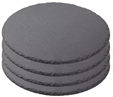 Plato Llano de Pizarra Natural, Fuentes de Cocina, Platos para Sushi, Plato de Pizarra, Bandejas para Servir Alimentos Quesos, Tapas Sushi, Negro, Tablas de Piedra Redonda 28 cm - 4 Unidades