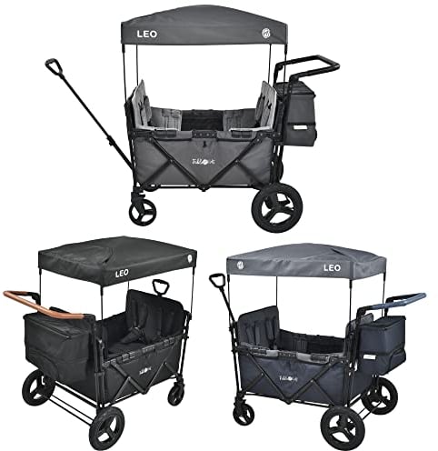 FableKids Bollerwagen Leo X4Plus mit Dach|Faltbarer Transportwagen|belastbar bis 20 kg pro Sitz|4X 5-Punkt-Gurt|360° Offroad Räder|Fußbremse|Oxford 600D|Belüftungsnetze|Fossil Grau, 113x78x130 cm