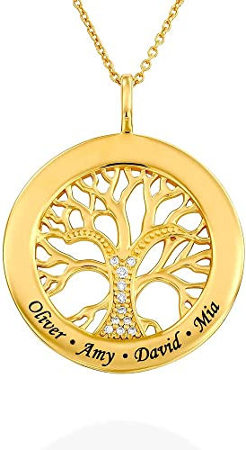 MYKA Collier Arbre de Vie avec Zircon Cubique en Argent 925 ou Plaqué Or - Sur Mesure Gravé Cadeau De Noël Pour Elle - Personnalisé Bijoux Cadeau Pour Femme, Elle, Maman (Diamant - Or Vermeil)