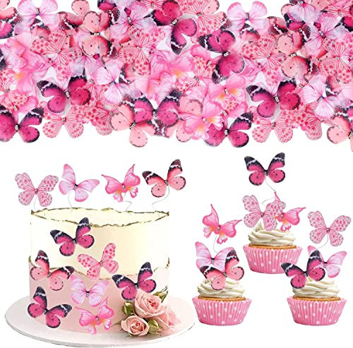 30 Stück 3D Schmetterling Tortendeko mit Kristall Doppelt Lagen Kunst Butterfly Cupcake Toppers Geburtstag Torten Deko für Baby Dusche Geburtstag Party Kuchen Dekorationen Gemischte Dunkelrosa
