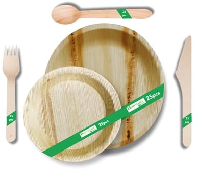 DISPOSABLE GREEN 125pcs Palm Leaf Plates and Cutlery Set - 25 Large Round, 25 Small Side Plates, 75 Utensils (Spoons, Forks, Knives) - Eco-Friendly Biodegradable (125 pcs)