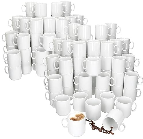 MamboCat Event 120er Set Kaffeebecher I 250 ml I weiße Porzellan-Becher mit Henkel 120 Personen I stapelbare Tassen für Heißgetränke wie Tee, Kakao, Latte Macchiato&Co I schickes Kaffee-Geschirr