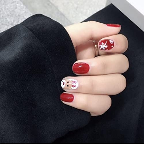 fdsmall Lot de 24 faux ongles pour femme - Presse courte de Noël - Avec bonhomme de neige - Jolis carrés - Courts - Avec colle à ongles - Pour Noël (02)