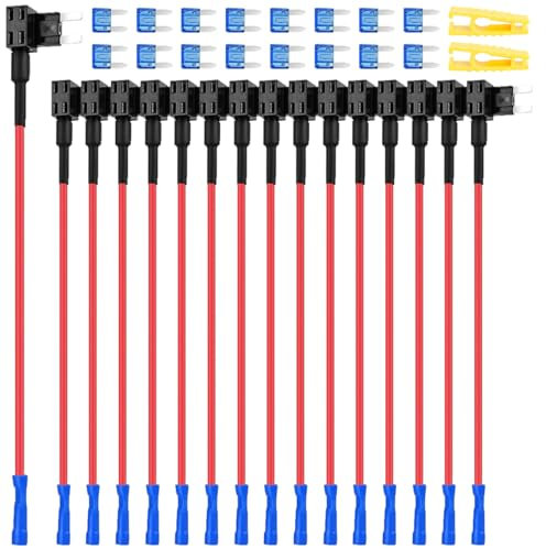 MKBKLLJY 16St. Mini-Sicherungshahn 12V Auto Add-a-Circuit Sicherung TAP Adapter mit 15A Mini APM ATM Blade Sicherung Sets Sicherung Puller und Schrumpfschlauch Butt Connector für Autos Boote