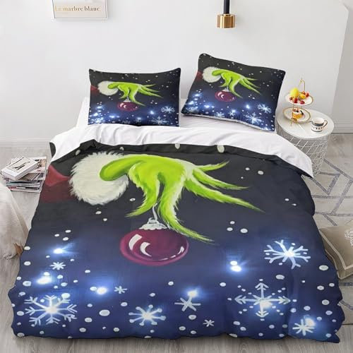 OBABO Weihnachten Qualität 3 Teilige Kinder Bettwäsche-Set Mit 3D Print Grinch Microfaser Bettbezug Und Kissenbezug Für Jungen Double（200x200cm）