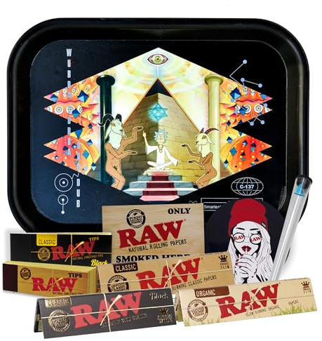 THE BOAT Regalo para Fumadores Bandeja para Liar Rick y Morty 25 x 19 cm + Papel Raw Organic, Black y Classic King Size + Tips + Pegatinas + Portacigarros – Producto Oficial