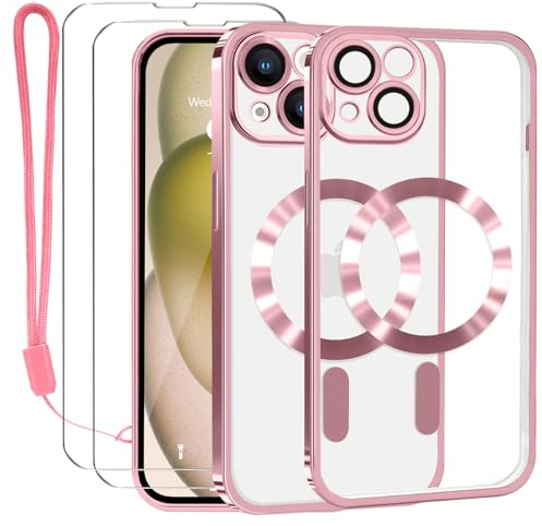 Lafunda Coque pour iPhone 15 avec 2×Verre Trempé et Caméra Protecteur Coque Compatible avec MagSafe Magnétique pour iPhone 15 Film Protection D'écran Transparente Aimantée Or Rose